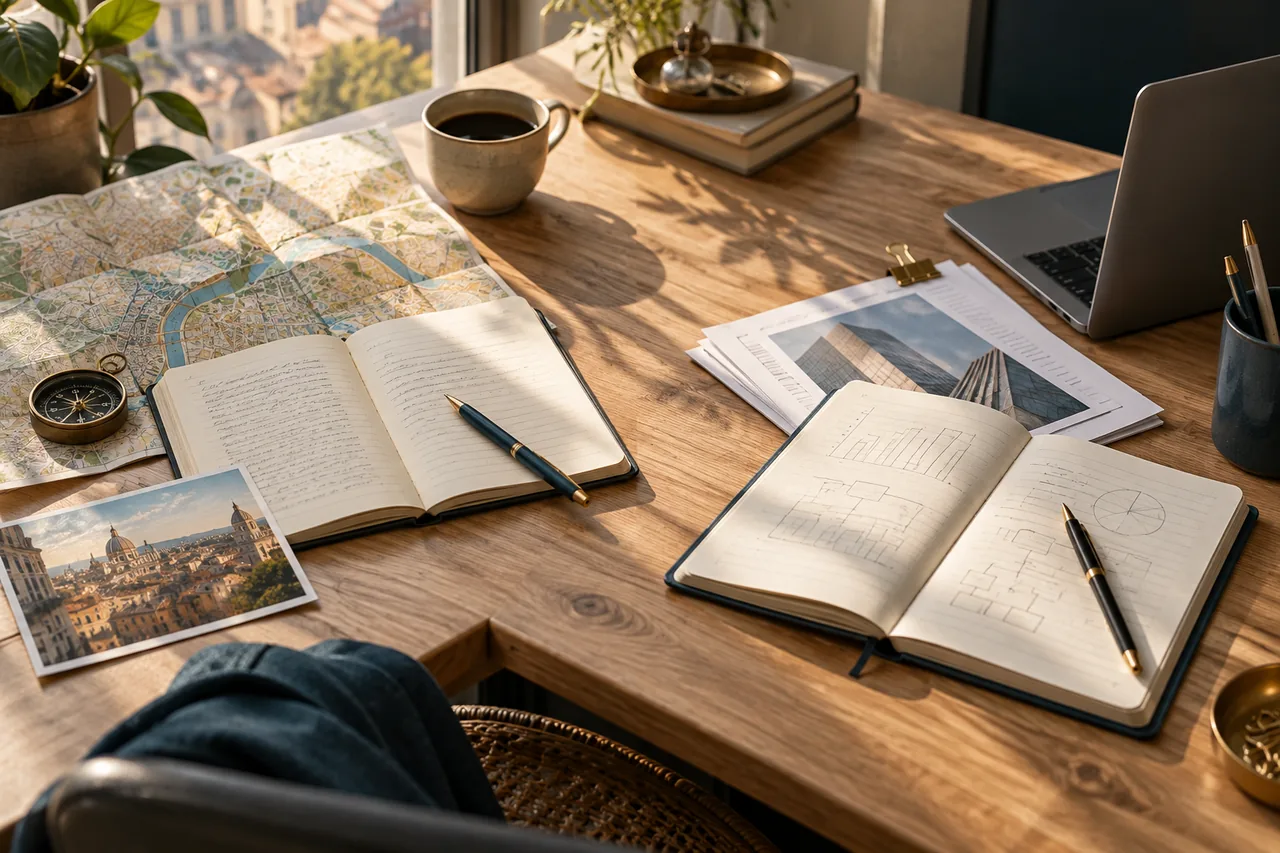Dois cadernos com contextos de viagem e de trabalho sobre uma mesa