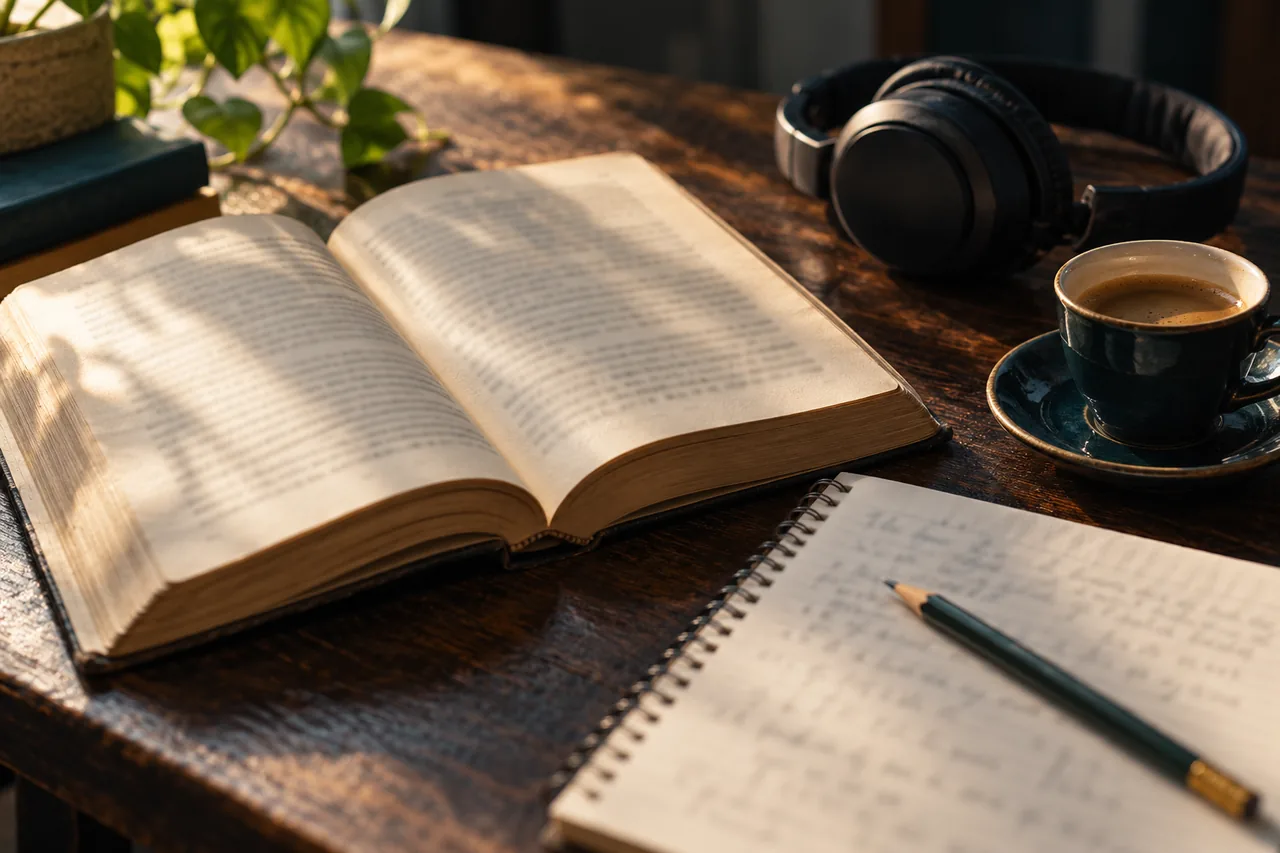 Livro aberto, caderno, café e fones de ouvido em uma mesa iluminada pela janela